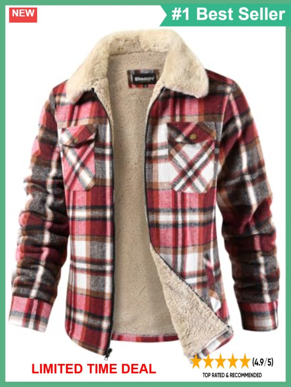 Fleece Lined Plaid Flannel Zip Up Shirt Jacket Sherpa Lined Warm Winter Coat